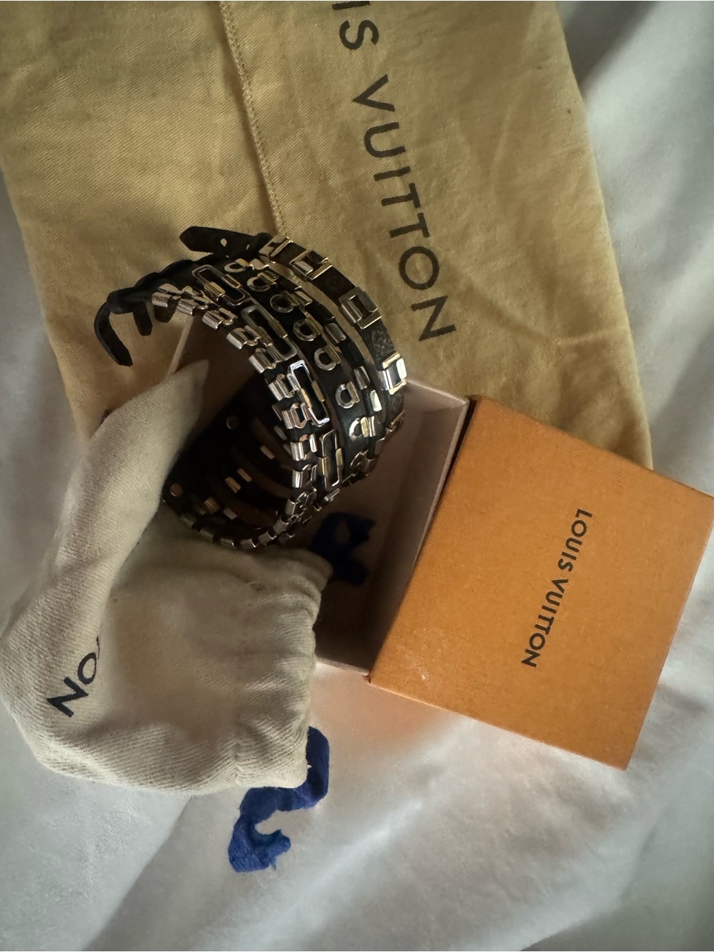 Louis Vuitton Black and Silver Multi-Row Leather Bracelet